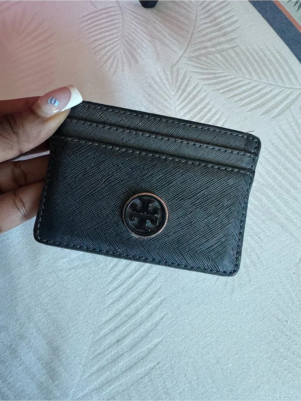 Tory Burch Black Leather Card Holder with Metal Emblem